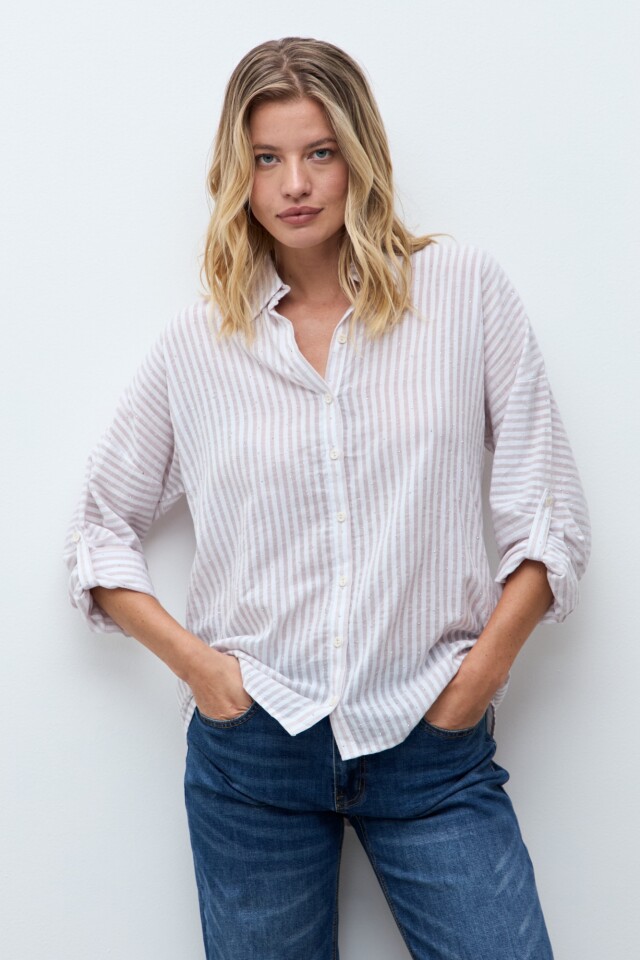 Camisa rayada con brillos beige
