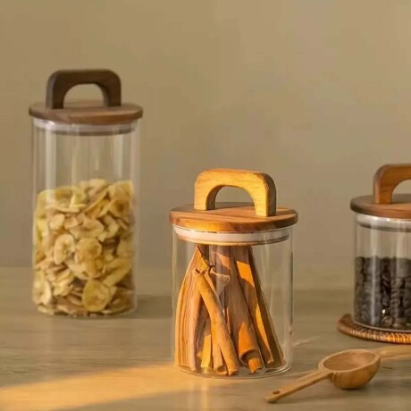 Frasco Recipiente Boro 1.2Lt en Vidrio y Tapa Madera Acacia Transparente