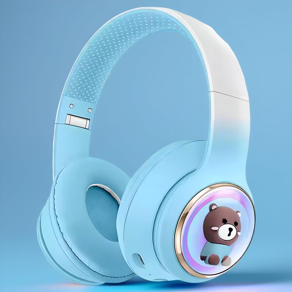 Auriculares Vincha Bluetooth Inalambricos Luces Microfono Variante Diseño Oso Celeste