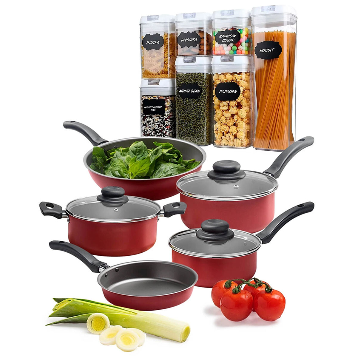 Set Cocina 12P Juego Batería Antiadherente + Potes Apilables - Rojo 