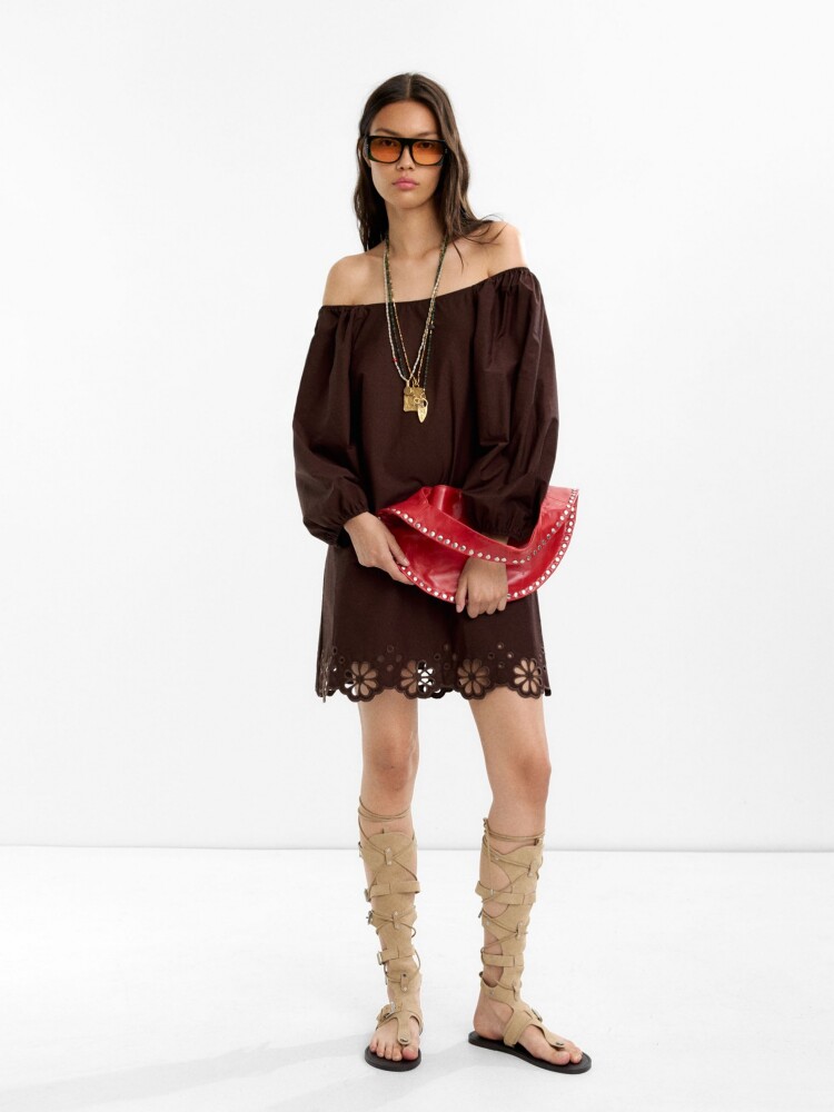 Vestido Corto Con Bordados 100% Algodón marron