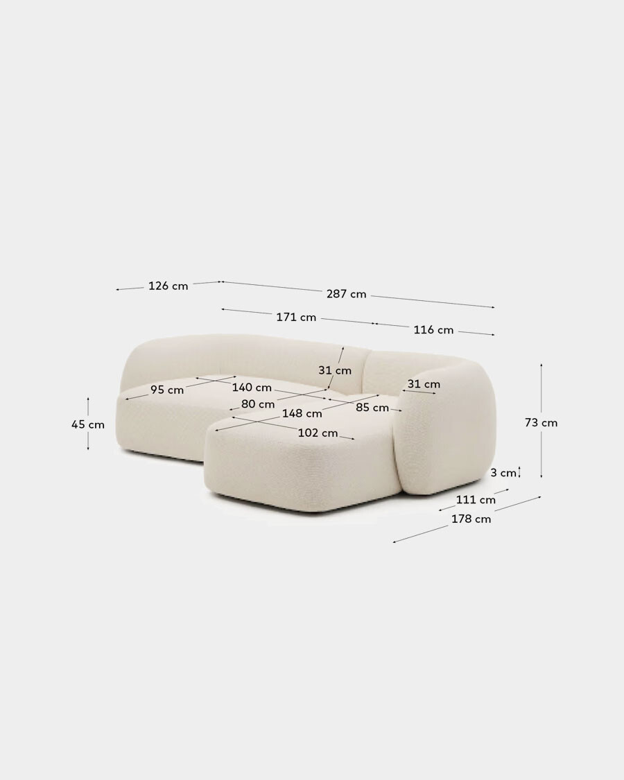 Sofá modular Martina 3 plazas de chenilla con chaise longue derecho color crudo 287 cm Sofá modular Martina 3 plazas de chenilla con chaise longue derecho color crudo 287 cm