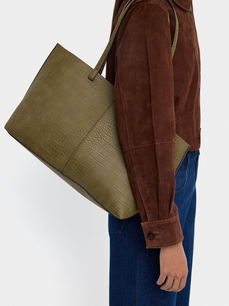 Bolso Shopper Grabado Animal Con Bolsa caqui