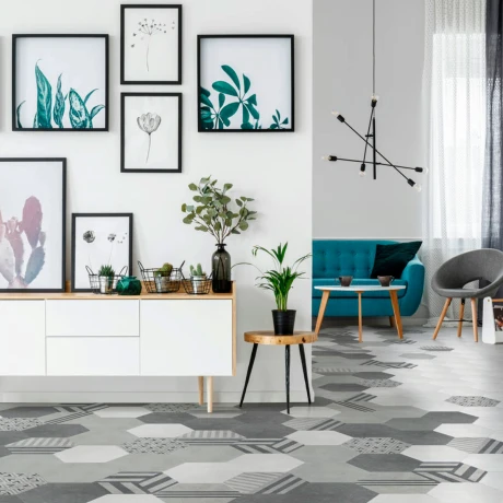 Porcelanato Hexagonal Gris Mate Decorado 19.8X22.8Cm Piso Pared GAMAS DE GRIS