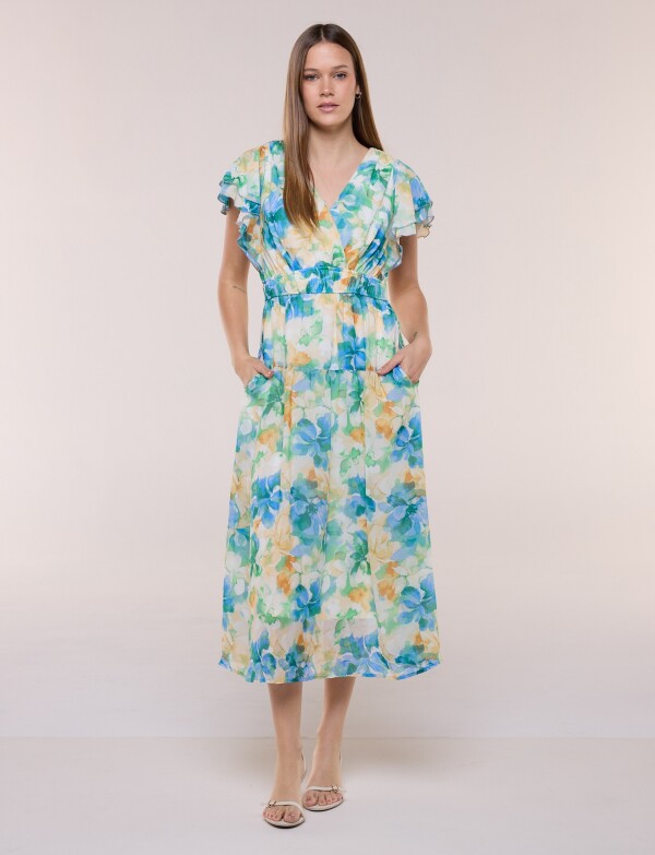 Vestido Midi De Gasa Con Mangas Con Volados MULTI/AZUL