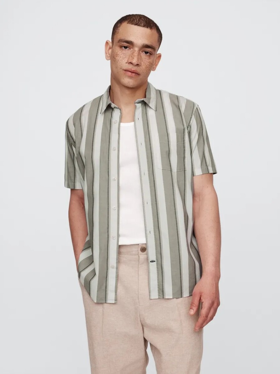 Camisa Poplin Manga Corta Hombre - Olive Bar Stripe 
