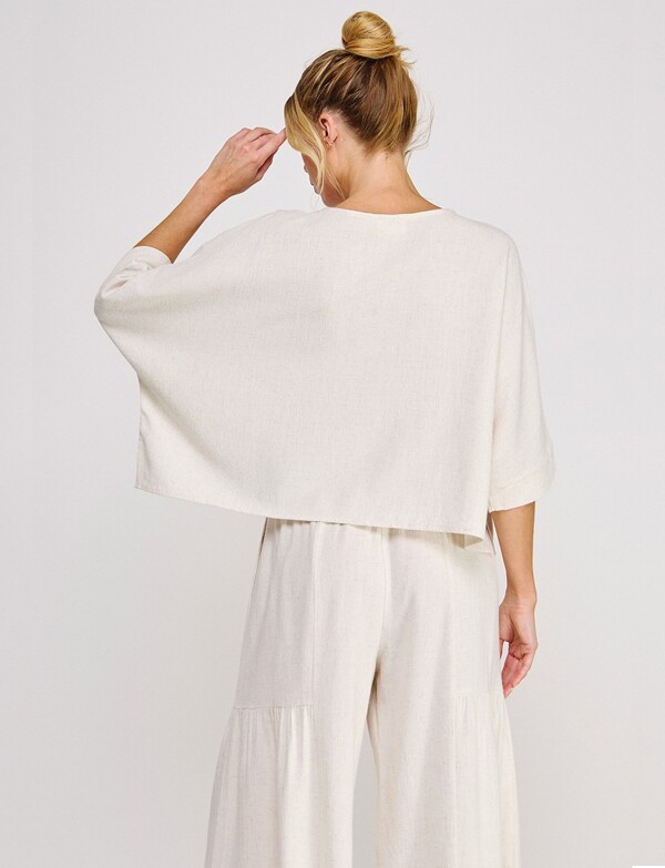 Blusa Crop De Lino Manga Kimono BEIGE CLARO