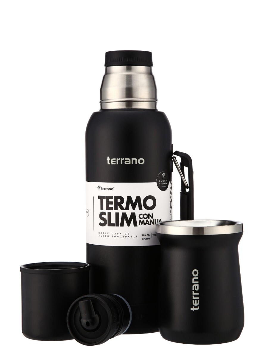 Kit Termo 750mL. Slim con Manija + Mate de Acero Tradicional - Negro Opaco 