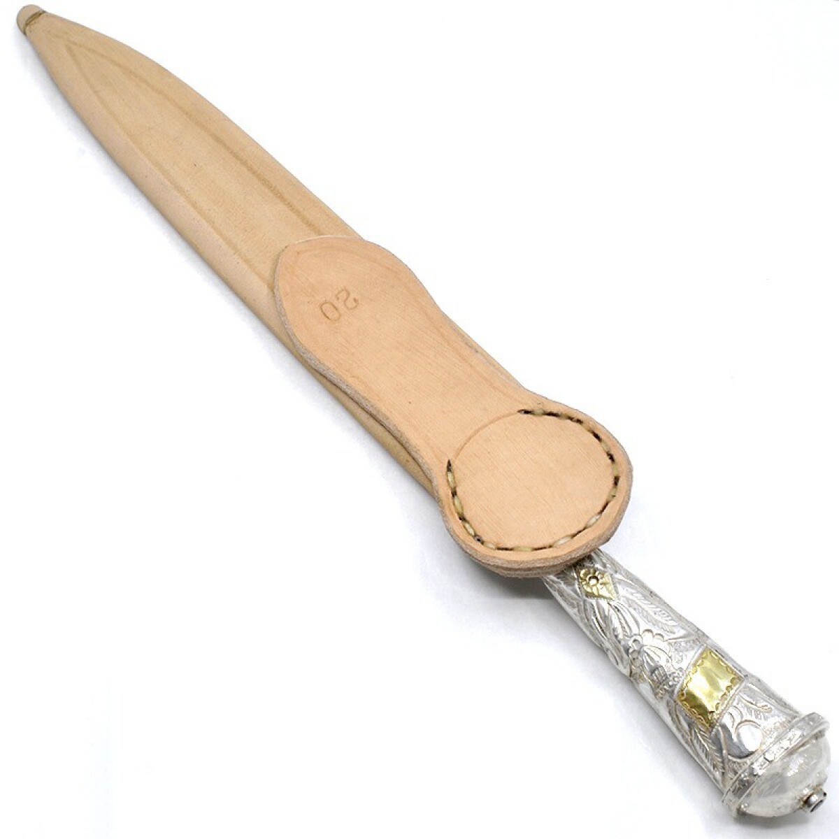 Cuchillo Hoja 20 Cm, Cabo De Plata Y Oro, Con Vaina De Cuero 