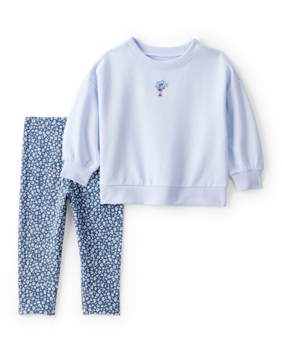 Set dos piezas de algodón, pantalón acanalado y buzo, azul, diseño floral. Talles 6-24M 