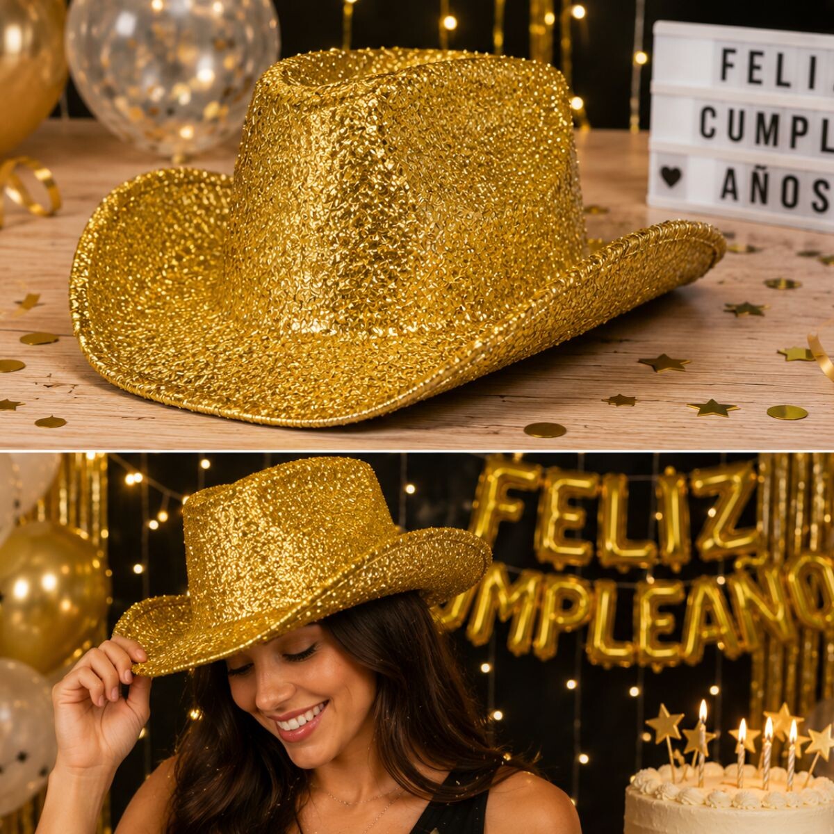 Gorro Cowboy Brilloso Clasico - Dorado 