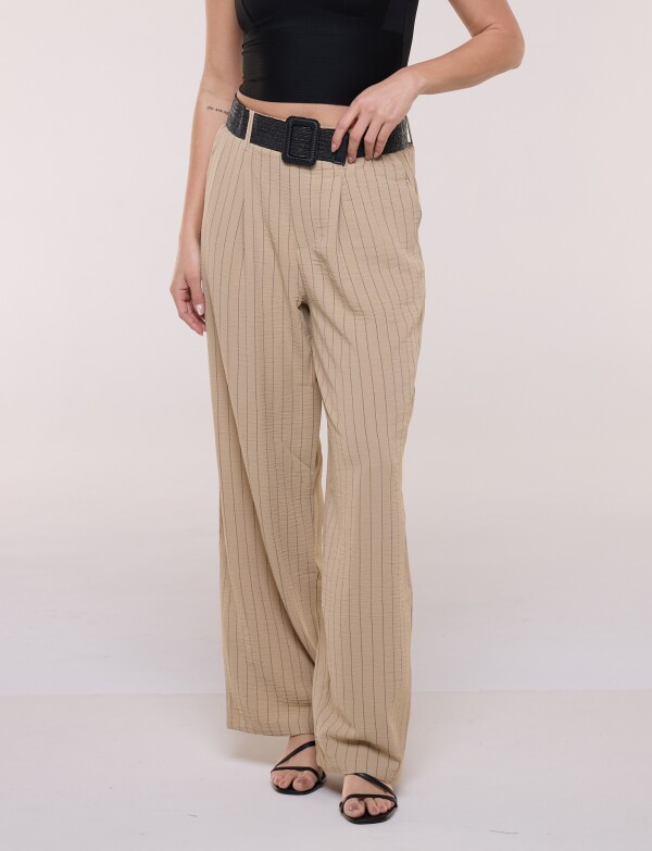 Pantalon Wide Leg Rayado Con Cinturón De Rafia BEIGE