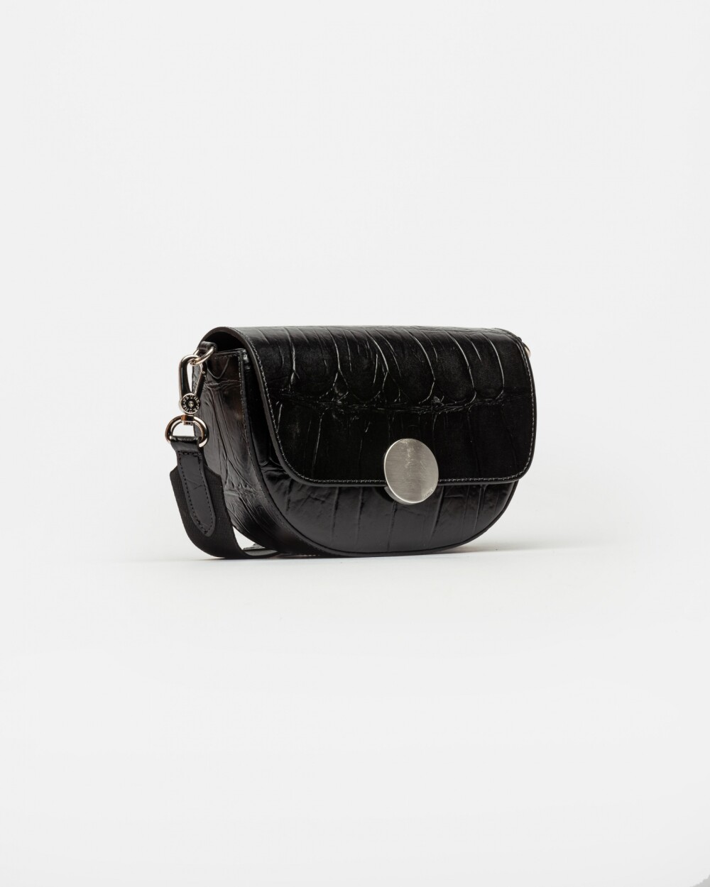 Bandolera The Circle En Cuero Grabado Croco Negro