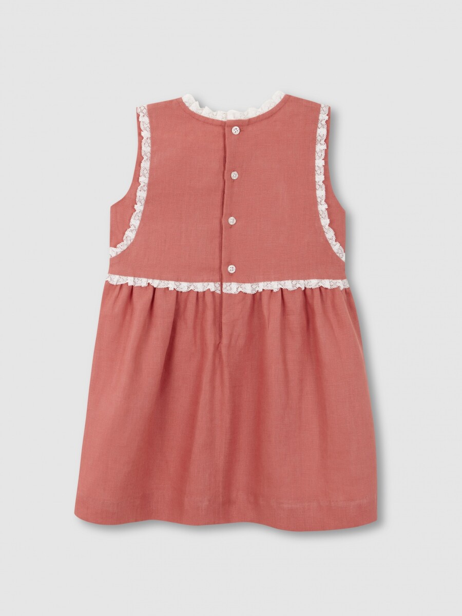 Vestido Lino Con Tiras Bordadas En Contr Fresa Claro