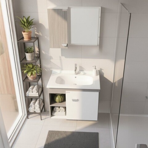 Mueble de Baño Suspendido Sophia 56 cm | Diseño Blanco/Etna Gris con Nichos Laterales y Lavatorio Soft Mueble de Baño Suspendido Sophia 56 cm | Diseño Blanco/Etna Gris con Nichos Laterales y Lavatorio Soft