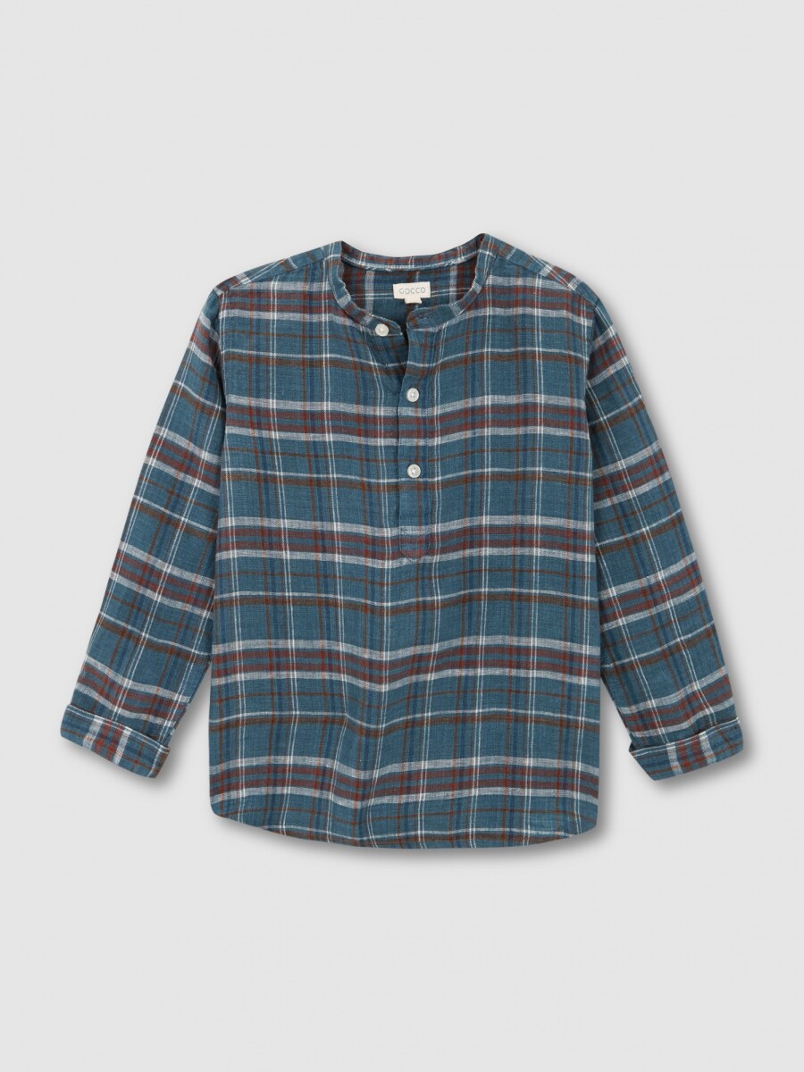 Camisa De Cuadros Cuello Mao Azul