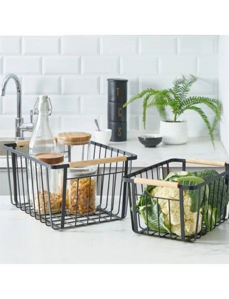 CESTO METAL CON ASA DE MADERA 35x24.5x15CM NEGRO CESTO METAL CON ASA DE MADERA 35x24.5x15CM NEGRO