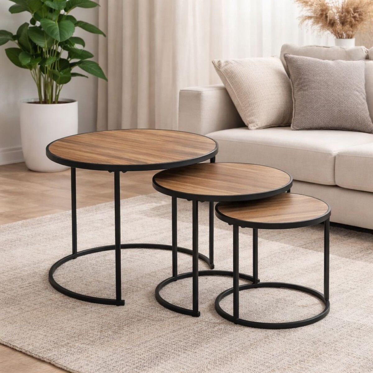 Juego de 3 Mesas Nido Auxiliares Hierro / Madera 