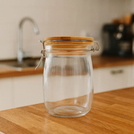 FRASCO DE VIDRIO CON TAPA WOOD 700ML 11X14,5CM FRASCO DE VIDRIO CON TAPA WOOD 700ML 11X14,5CM