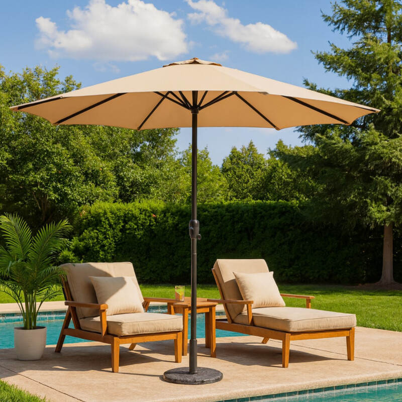 Sombrilla de Patio Impermeable 2.7 m con Protección UV y Base Sombrilla de Patio Impermeable 2.7 m con Protección UV y Base