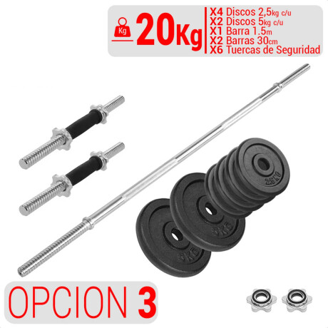 Set 2 Mancuernas + Barra 1.5m + 20 Kg Hierro Compacto 4 Discos 2.5Kg + 2 Discos 5KG