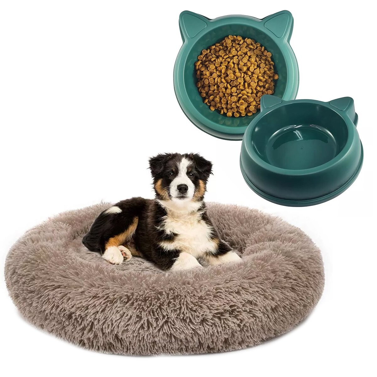 Cama Colchon Mascota + Plato Comedero Bebedero Perro Gato - Variante Color Marrón Verde 
