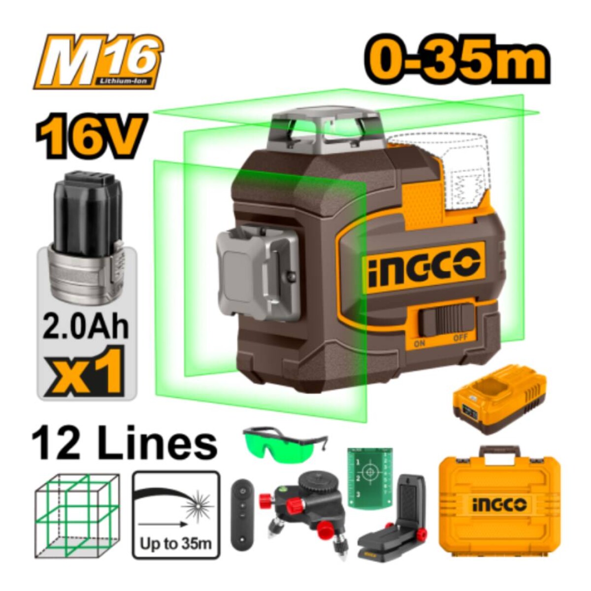 Nivel Laser INGCO Autonivelante 3D verde a Baterua 35MTS 16V M16 - Incluye Bateria 