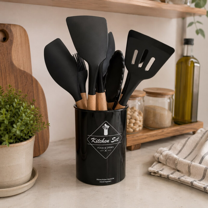 Utensilios para Cocina de Silicona y Mango de Madera 12 Piezas Negro