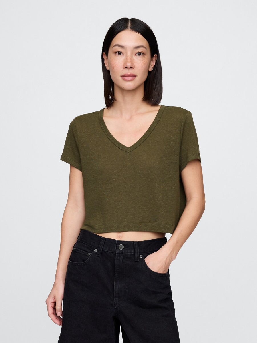 Remera Lino Crop Manga Corta Mujer - Dark Olive 19-0516 Tcx 