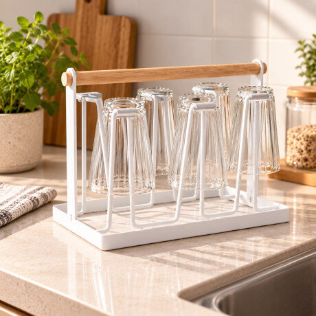 Escurre Vasos Metal Mango Madera Blanco
