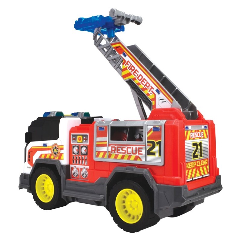 Camión de Bomberos Dickie 30 cm con Luz y Sonido DICKIE CAMION DE BOMBEROS RUEDA LIBRE, LUZ, SONIDO, ESCALERA PLEGABLE, PUERTA LATERAL ABATIBLE, LANZADOR DE DISCOS, PALAS LATERA