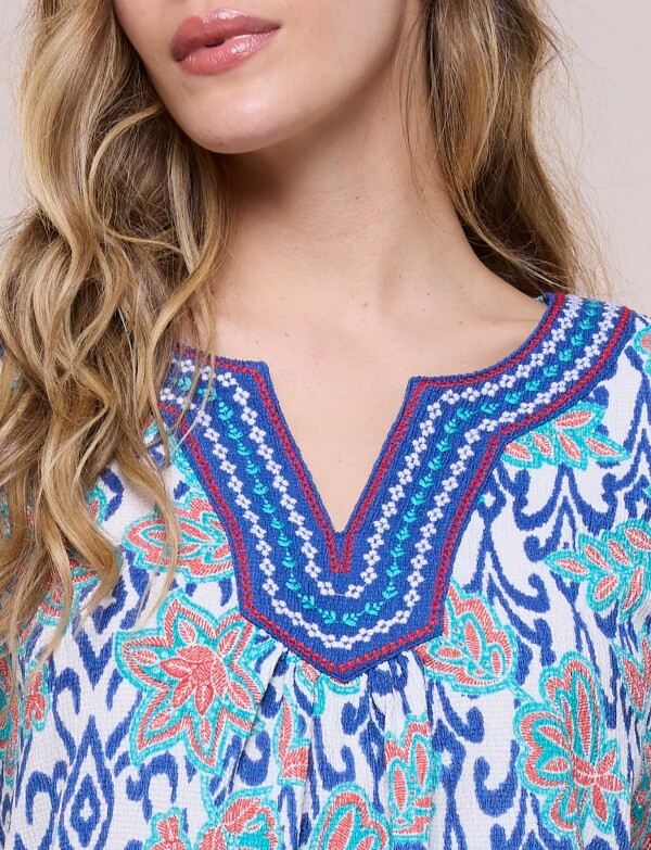 Blusa Con Escote Túnica Bordado MULTI/AZUL