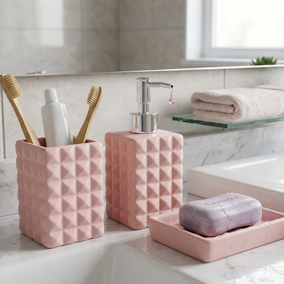 Set x 3 Accesorio de Baño Cerámica Labrada Bukara - ROSA 