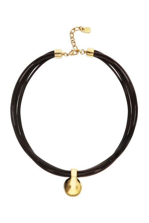 COLLAR DE CUERO CON BOLA GRANDE DE ALEACIÓN DE METALES BAÑADAS EN ORO 18K Colgante