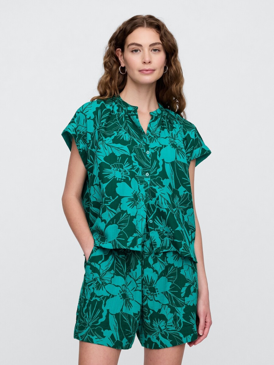 Blusa Muselina Manga Corta Mujer - Blue Floral 