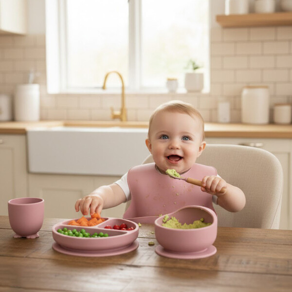 Set Alimentación Bebé Platos Silicona Libre Bpa 10 Piezas Color Rosa