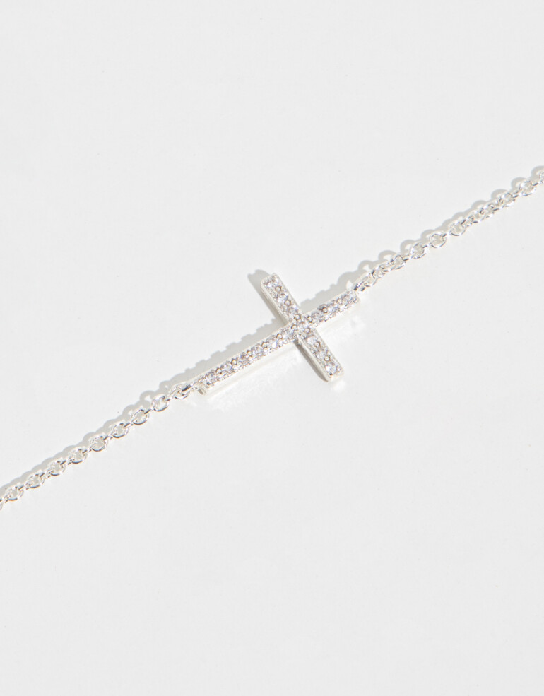 Cadena Corta con Dije Strass Collar Con Dije De Cruz - Plateado
