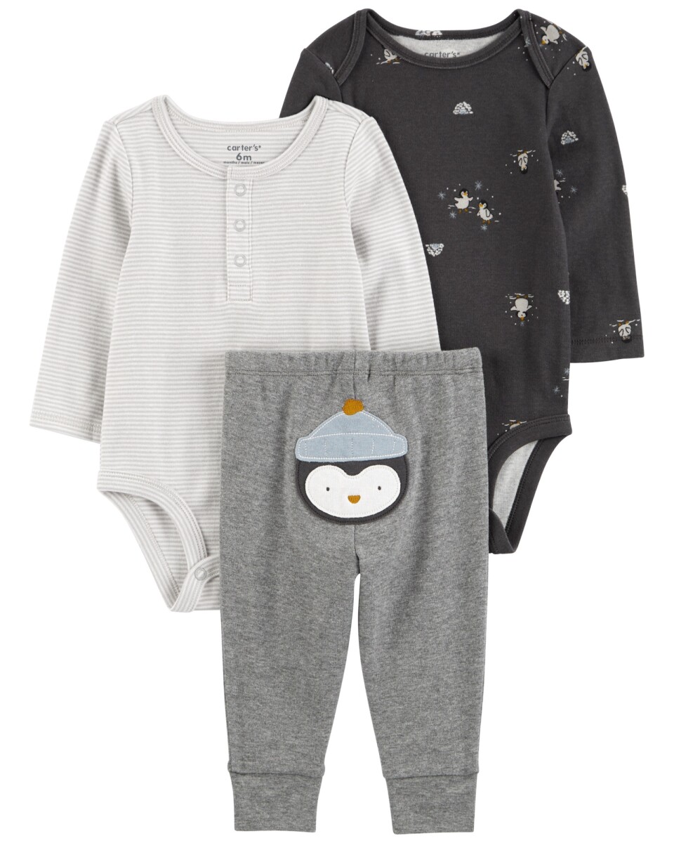 Set tres piezas de algodón, pantalón y dos bodies, diseño pingüino 