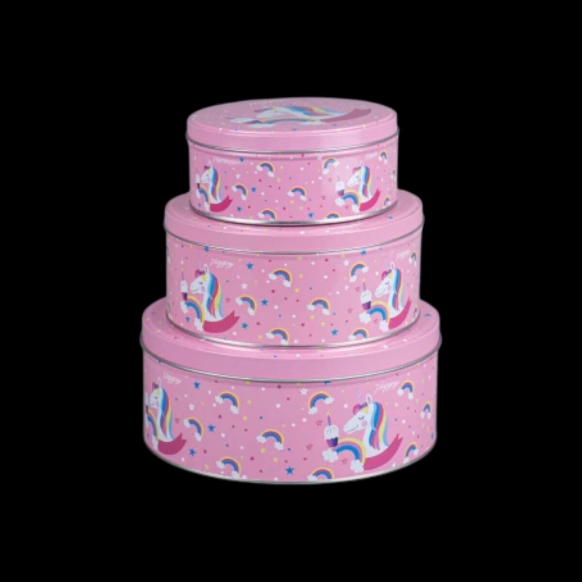 Set x3 latas redondas Unicornio fondo rosado 