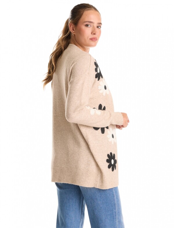 Cardigan Jacquard Flores & Calce Relajado BEIGE/MULTI