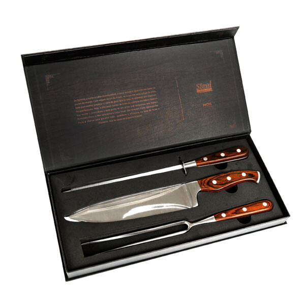 KIT ASADO PREMIUM 3 PIEZAS MANGO DE MADERA METAL
