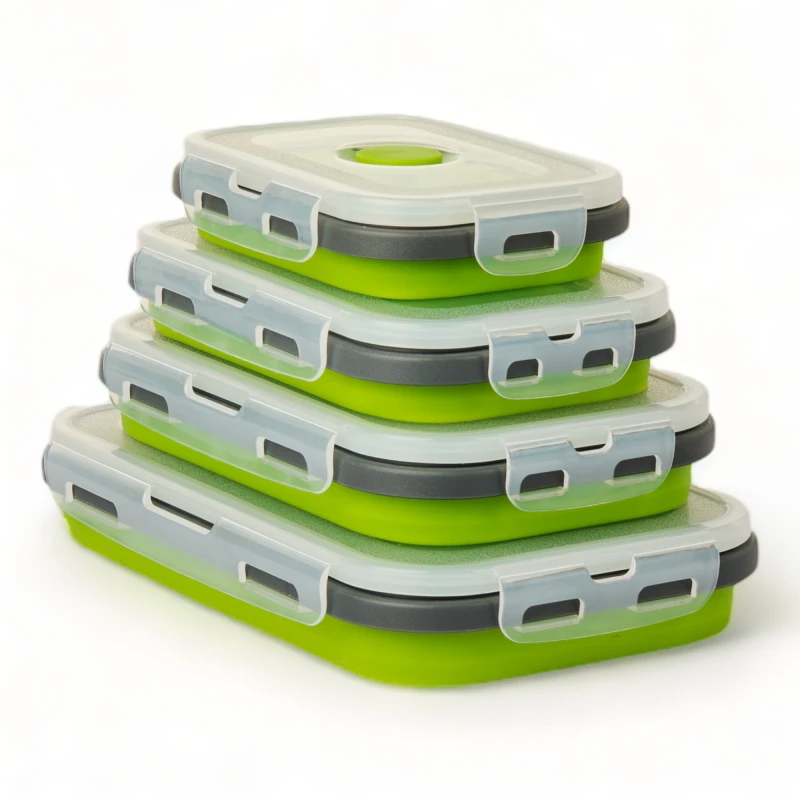 Set X4 Taper Contenedor Silicona Plegables Tapa Plastico Hermetica Verde