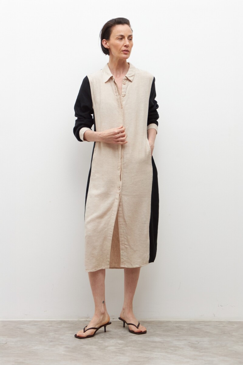 Vestido de lino camisero bicolor negro