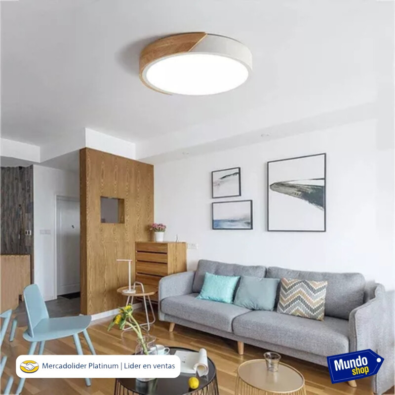 Luminaria Plafon Led Diám 30cm Metal Y Madera Luz cálida Blanco