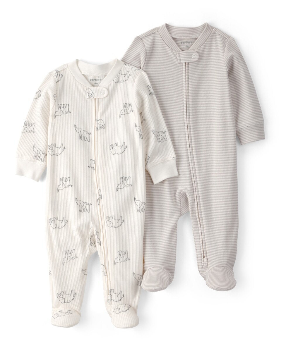 Pack dos pijamas enterito con pie, de algodón, diseño elefantes y rayas 