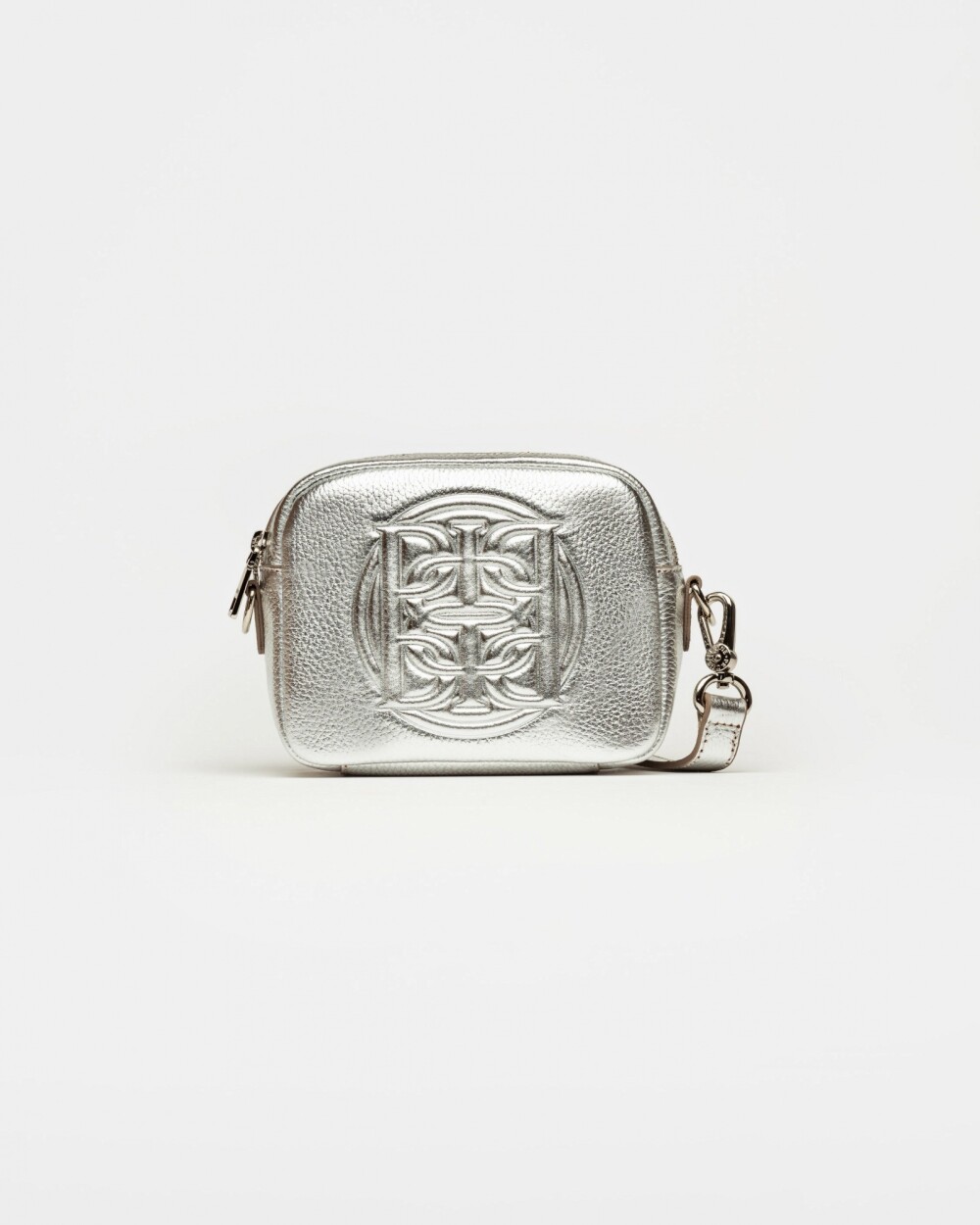 Bandolera Eterial en cuero graneado metalizado Plata