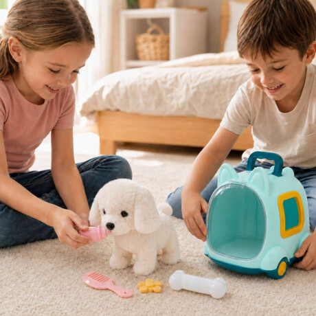Perrito de peluche con caja transportadora Blanco