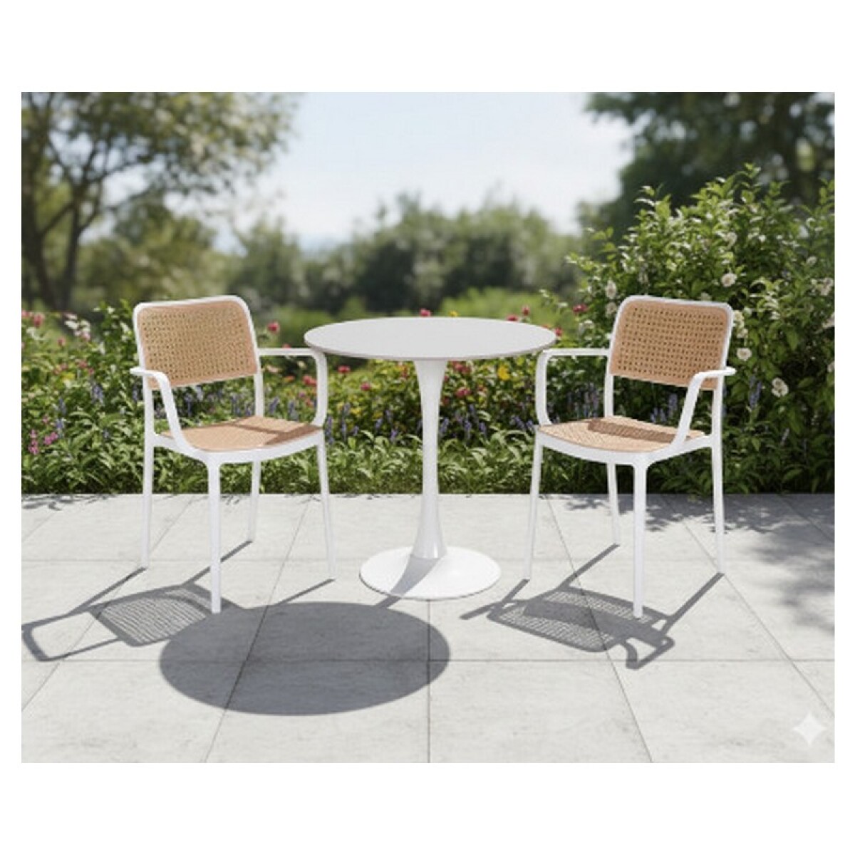 JUEGO DE JARDIN MESA + 2 SILLAS CON POSABRAZOS, RATTAN 