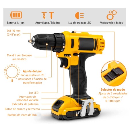 Taladro Inalámbrico Batería Maletín Accesorios Completo 24V Amarillo