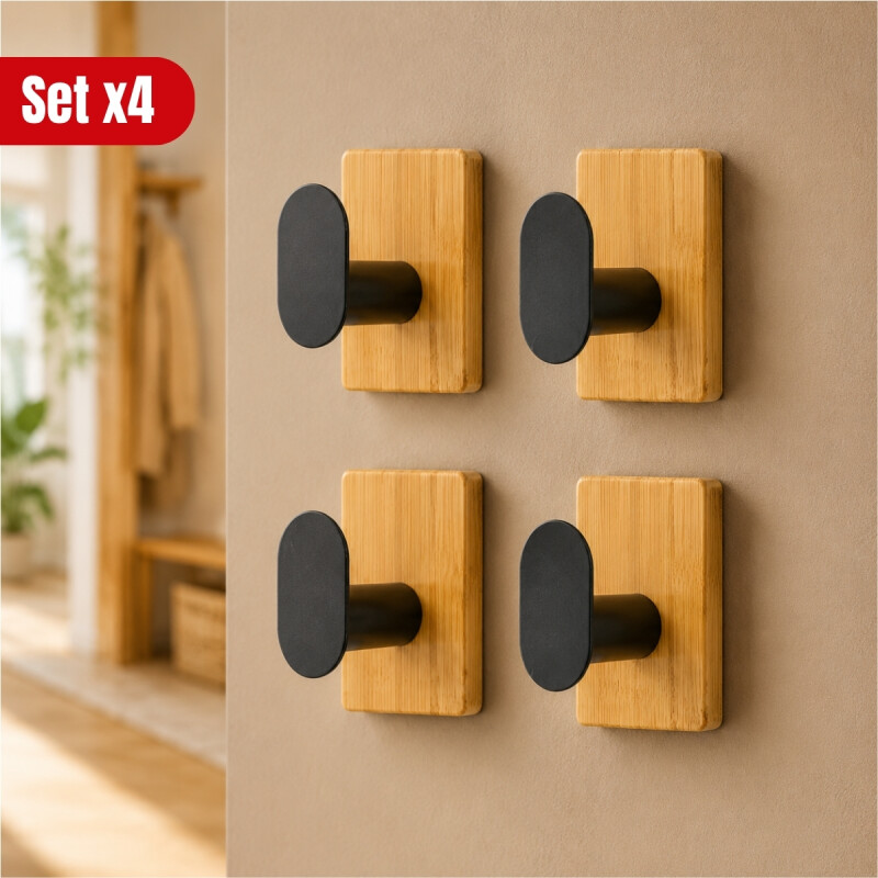 Set x4 percheros de pared adhesivos NATURAL Y NEGRO